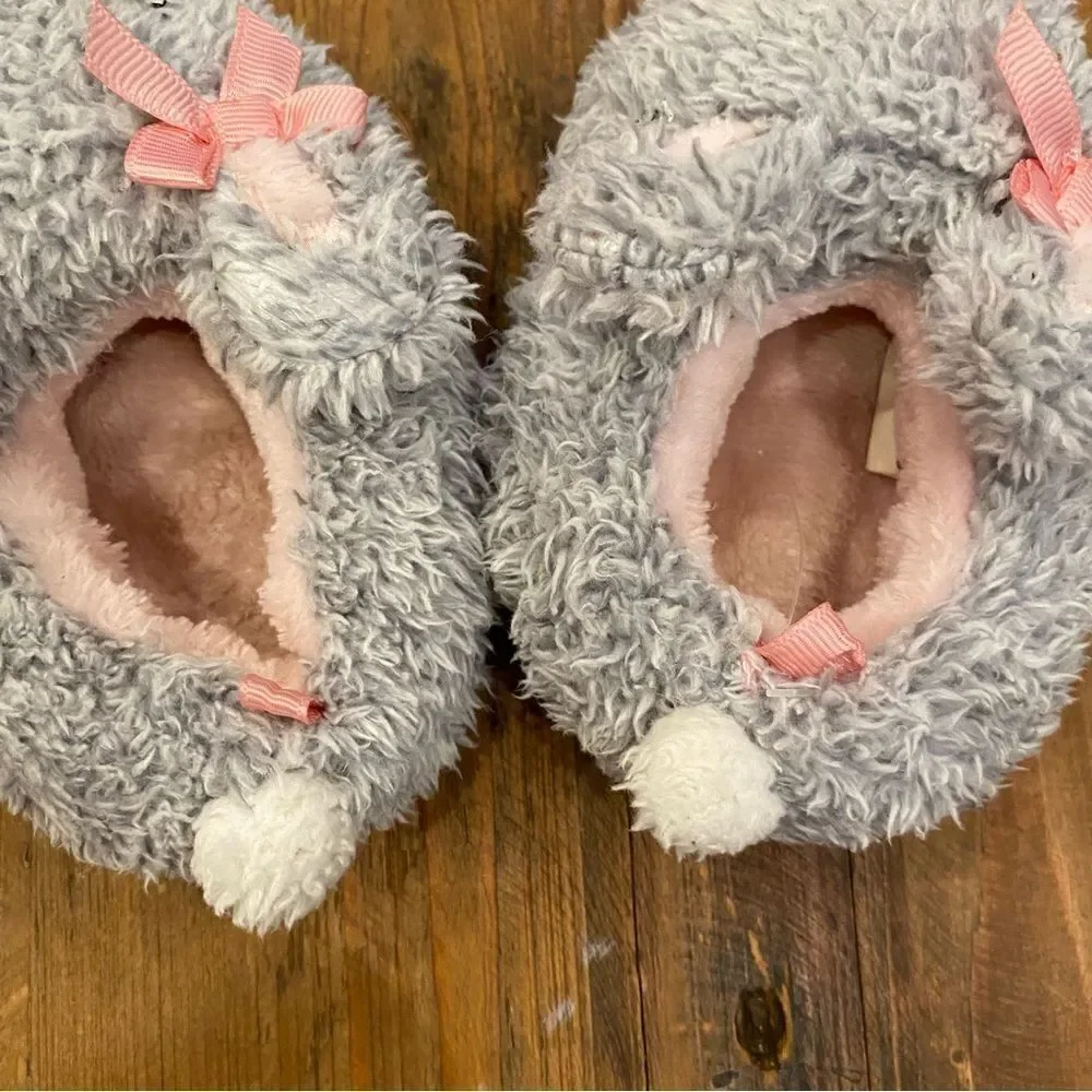 Fuzzy Bunny Slippers Gray Pink Accents Toddler Size 6